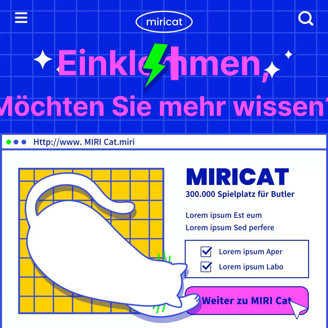 Vermitteln Sie Katzeninformationen im Retro-Internet-Look mit einer weißen Katzenillustration auf blauem Hintergrund