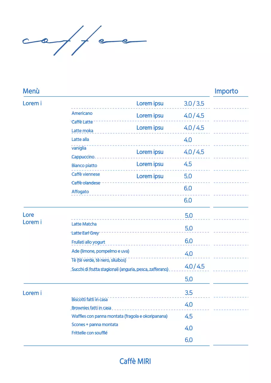 Bianco Blu Semplice Menu bevande del caffè