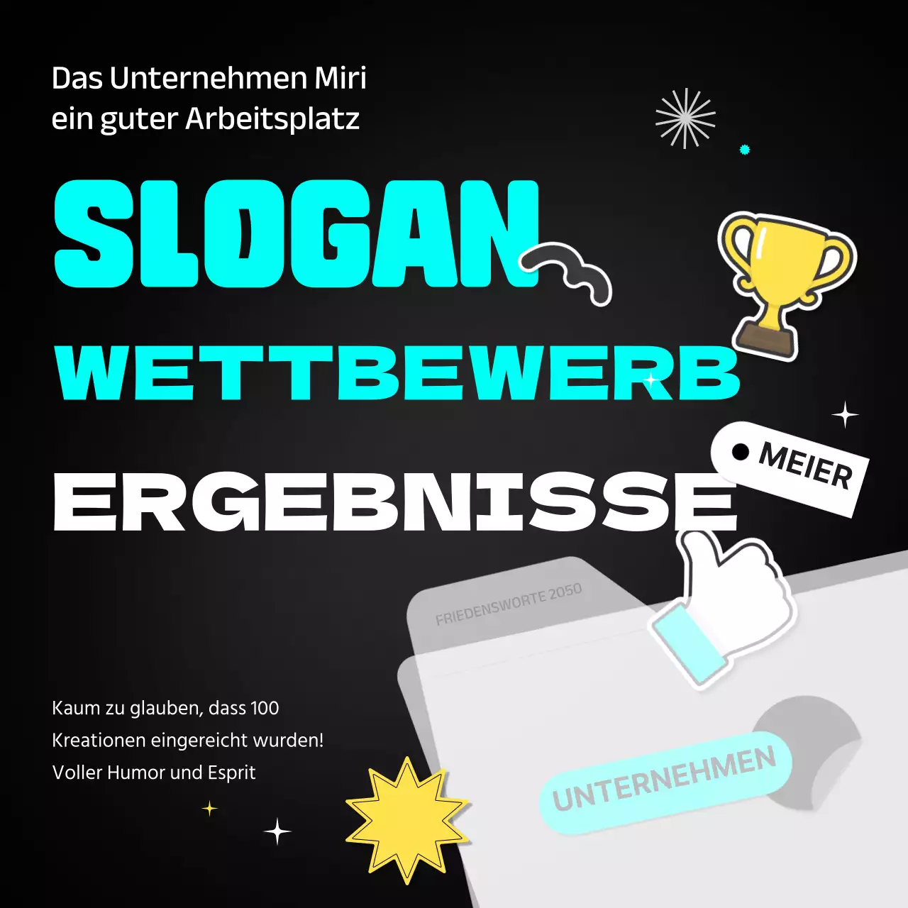 Bekanntgabe der Gewinner des Slogans in schwarz-weiß mit hellblauen und gelben Punkten CardNews