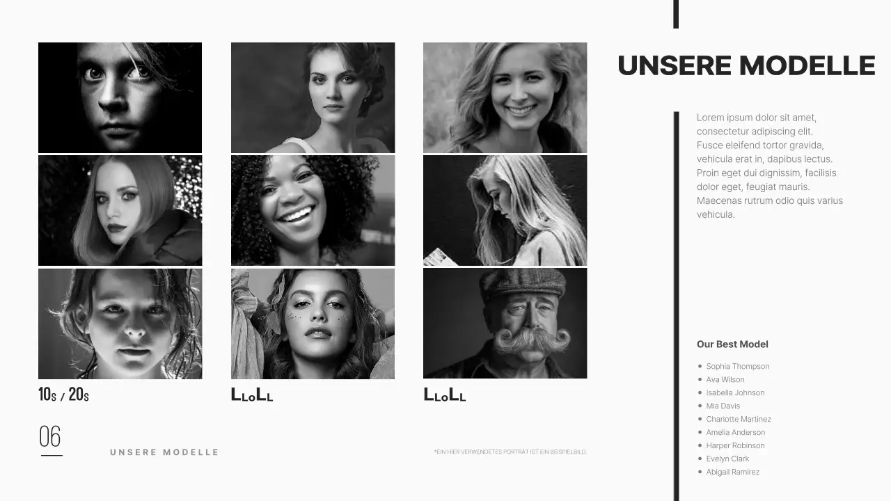 Ein sauberes und modernes Firmenprofil einer Modelagentur in Schwarz.