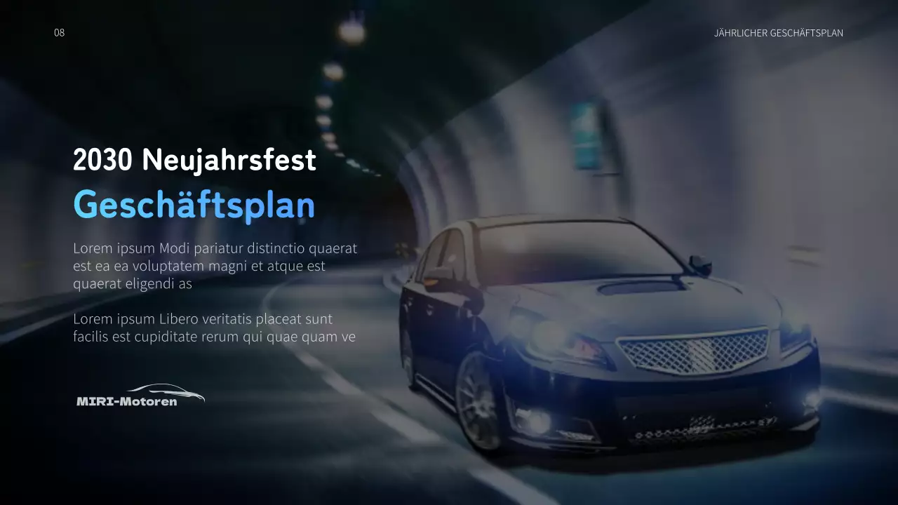 Jährlicher Geschäftsplan für die Automobilindustrie mit blauen und schwarzen beweglichen Grafiken