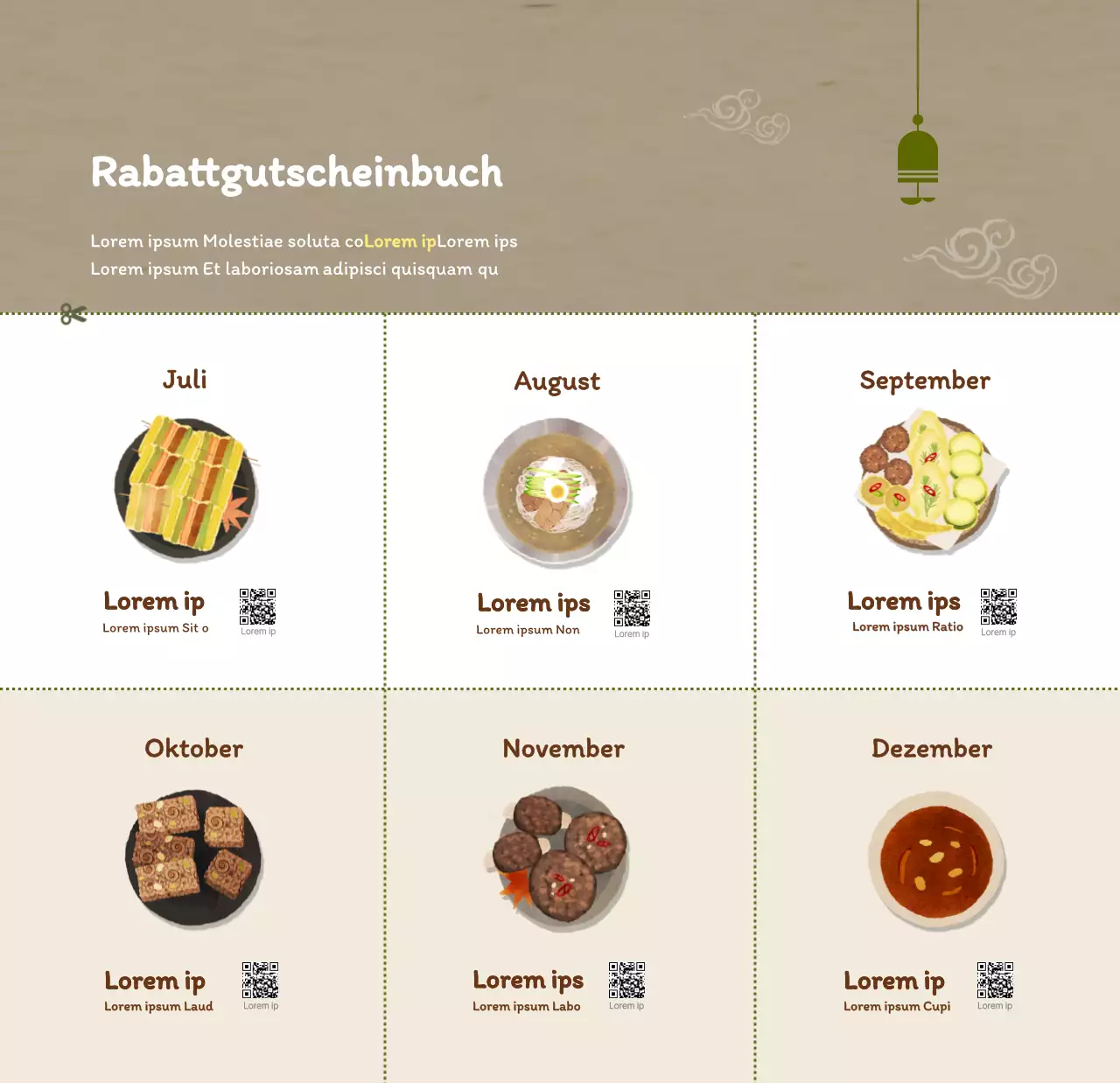 Traditioneller koreanischer Restaurantkonzept-Gutscheinkalender in Beige und Braun