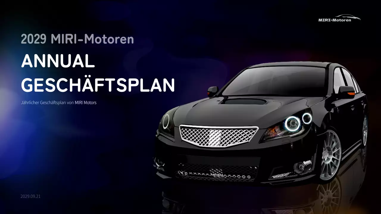 Jährlicher Geschäftsplan für die Automobilindustrie mit blauen und schwarzen beweglichen Grafiken