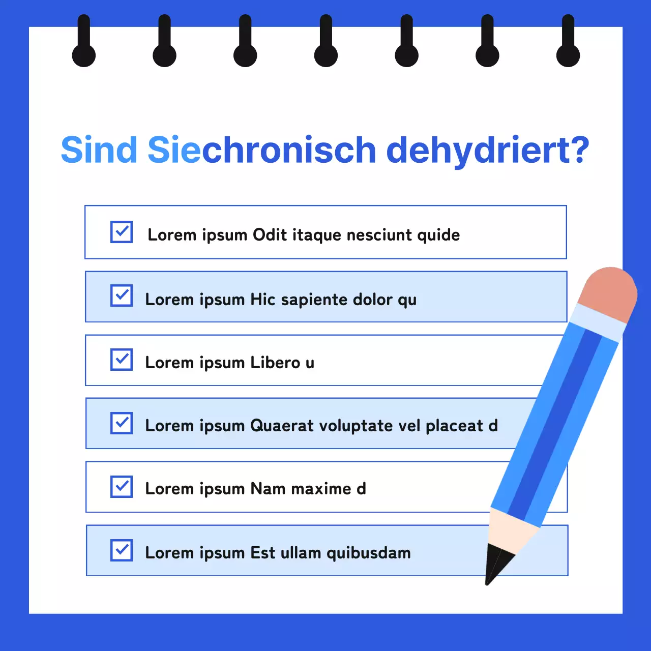 Informationen über chronische Dehydrierung in einem notizbuchartigen Format mit niedlichen, einfachen Illustrationen in Blau und Hellblau.