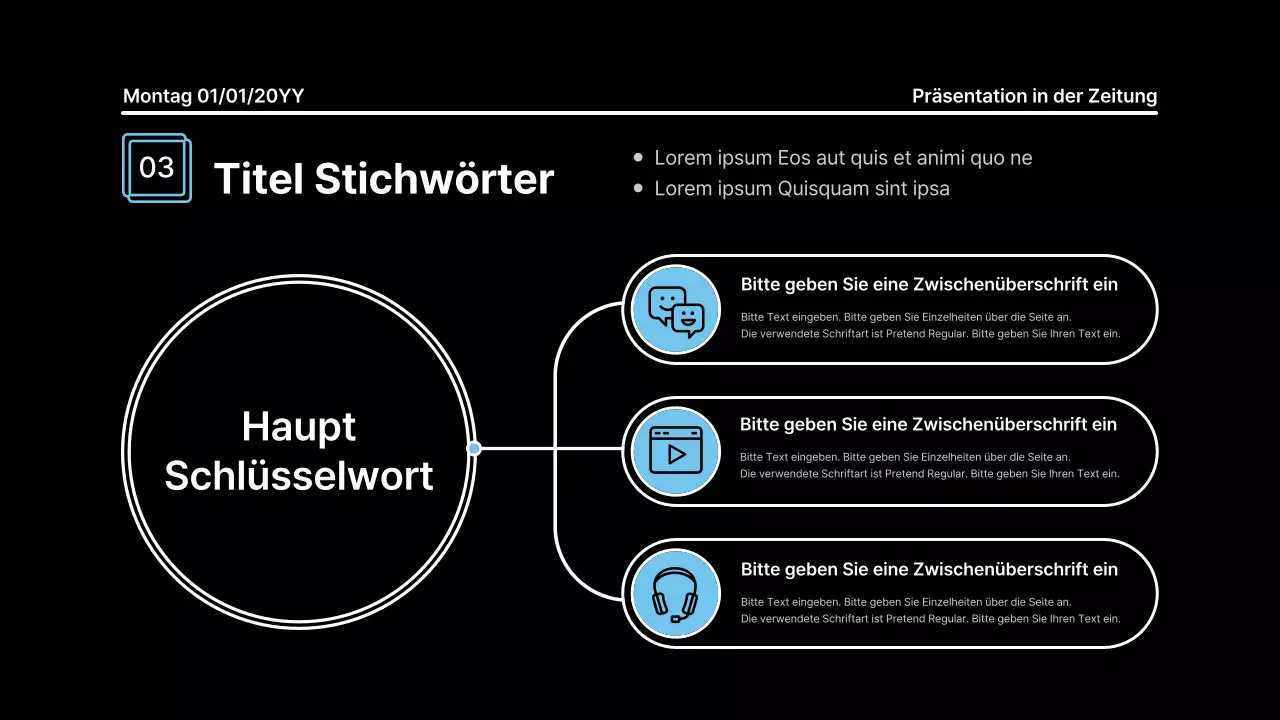Aufmerksamkeitsstarke Präsentation mit fetten Linien in einem Zeitungskonzept auf schwarzem Hintergrund