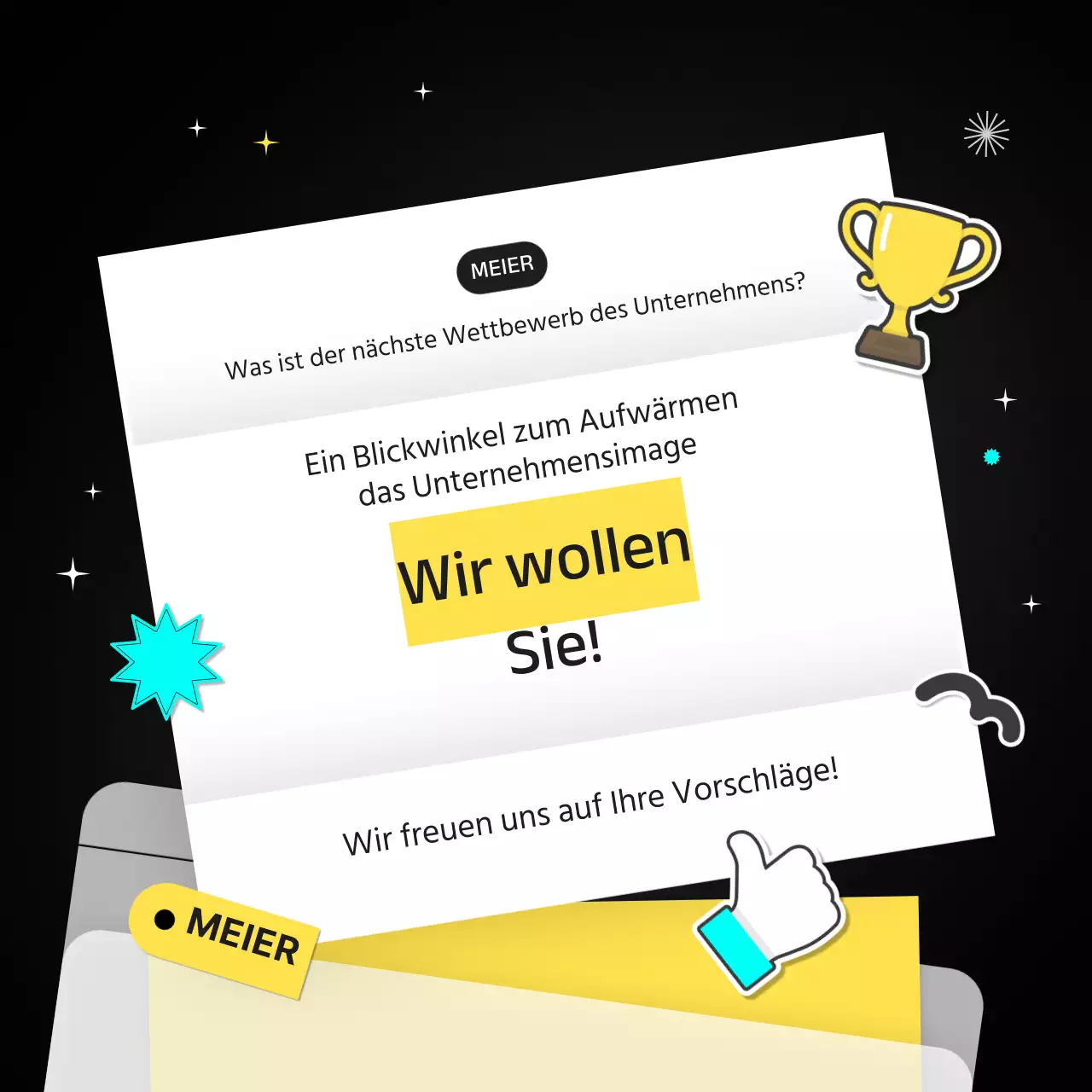 Bekanntgabe der Gewinner des Slogans in schwarz-weiß mit hellblauen und gelben Punkten CardNews