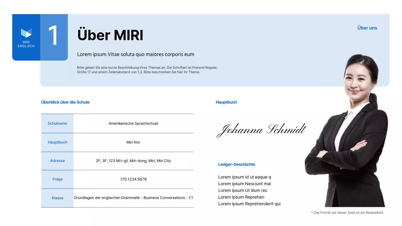 Ein einfacher blau-weißer Geschäftsprospekt für eine englische Sprachschule
