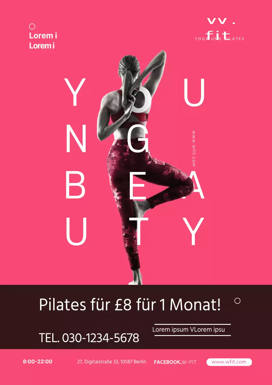 Schlichter Veranstaltungsflyer für das Pilates-Studio in Rosa und Schwarz