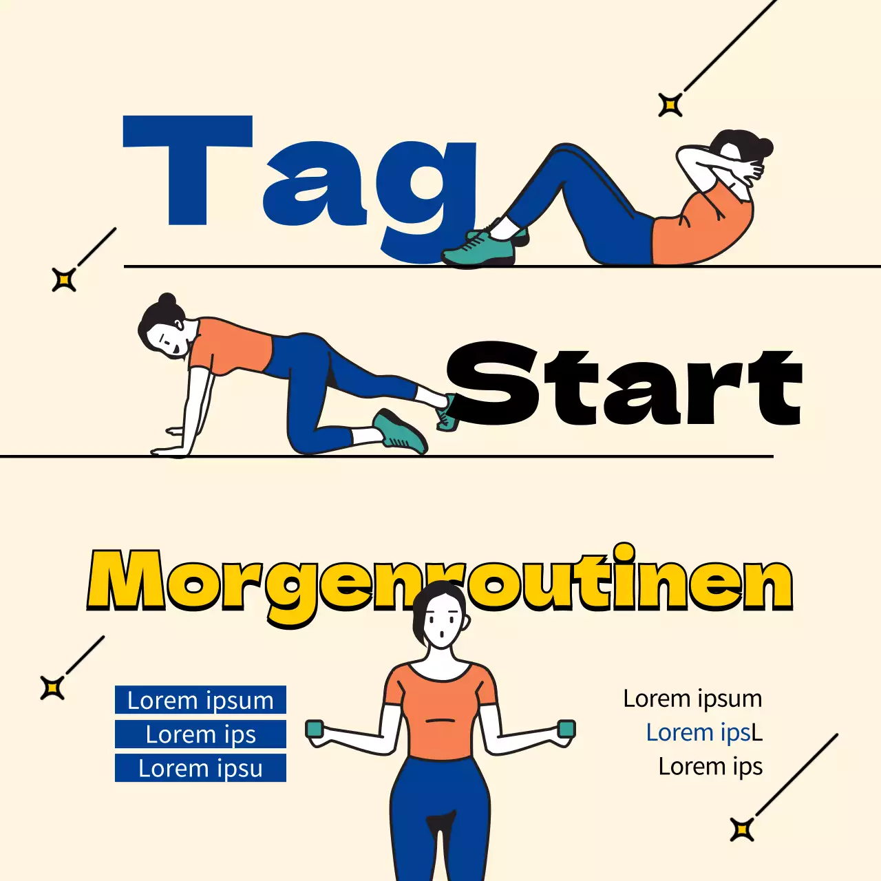 Gelbe und blaue Pilates-Pose Erklärungen für soziale Medien