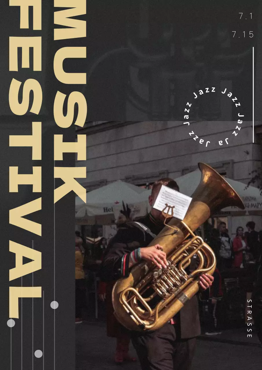 Emotionales Musikfestival-Bild mit gelben Titeln auf schwarzem Hintergrund