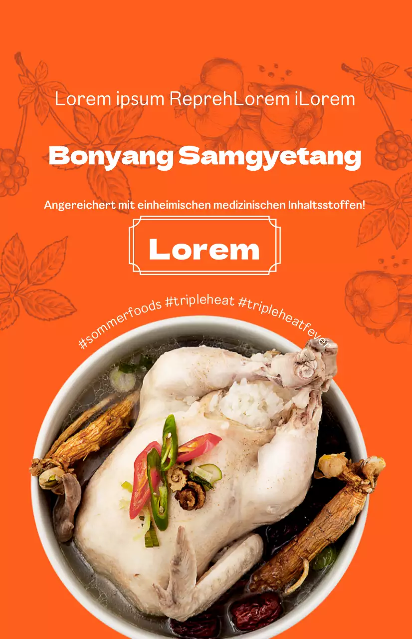Bo-yang Samgyetang mit leuchtend orangefarbenem Hintergrund und koreanischen Illustrationen