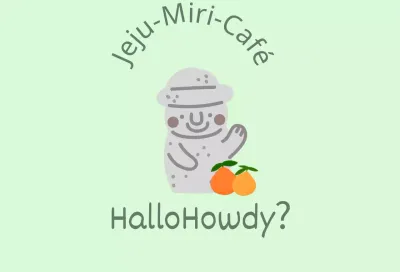 Jeju Cafe Balt, ein hübsches, mintfarbenes Café, das Mandarinen und Dolharbangs von der Insel Jeju anbietet