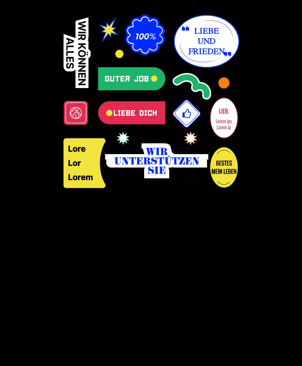 Hip-Konzept-Merchandise-Group-T-Shirts mit bunten Texten und Symbolen