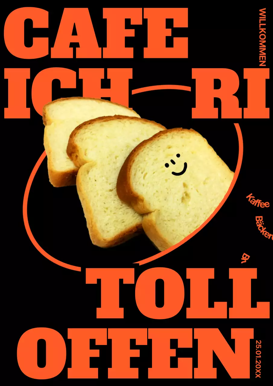 Eröffnung eines hippen Bäckerei-Cafés in Schwarz und Neonorange (Webposter vertikal)