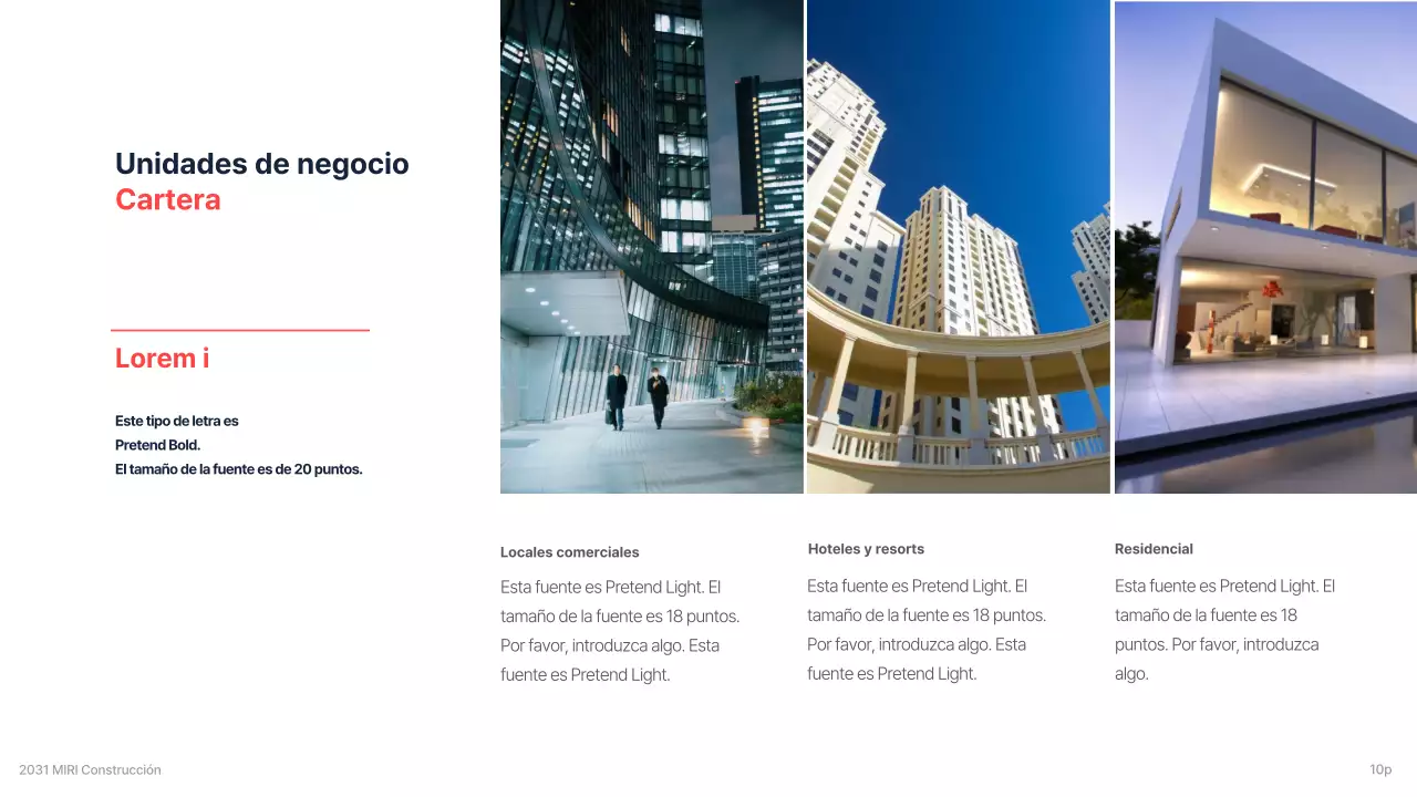 Un briefing corporativo de una empresa de construcción para una inversión con un esquema de colores limpio, azul marino y rojo de acento