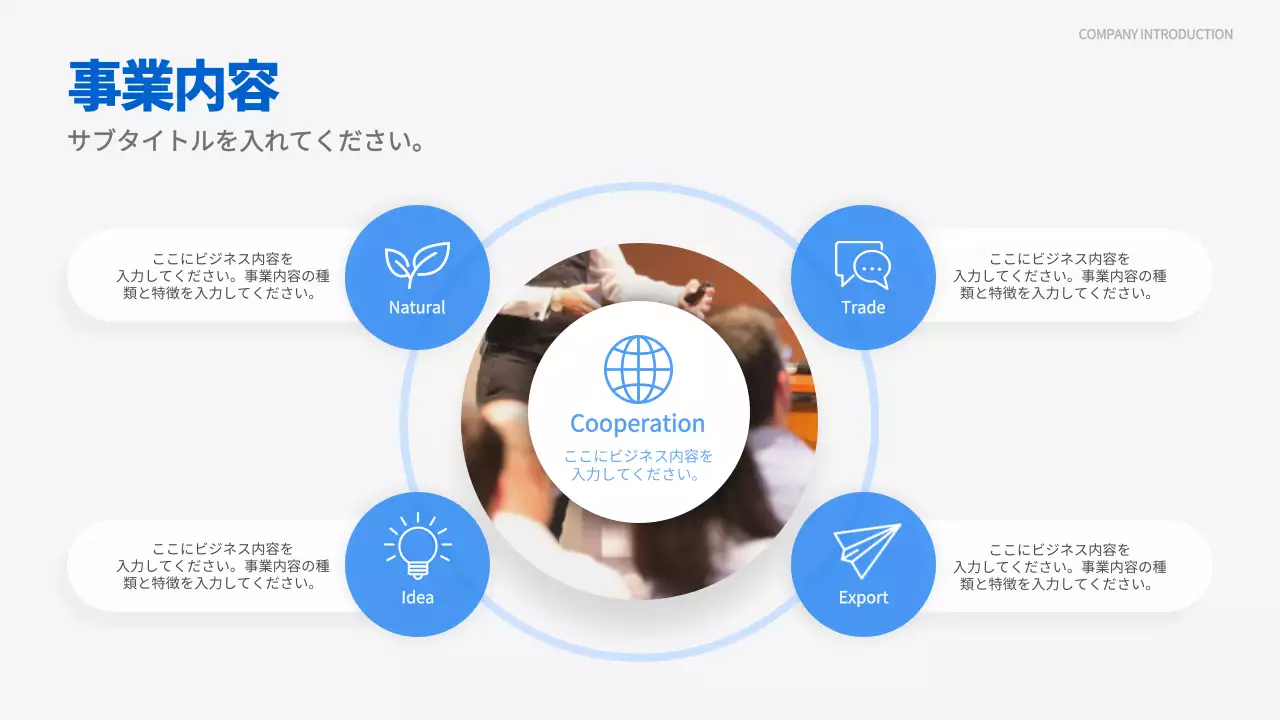 青 シンプル 事業内容 プレゼンテーション インフォグラフィック