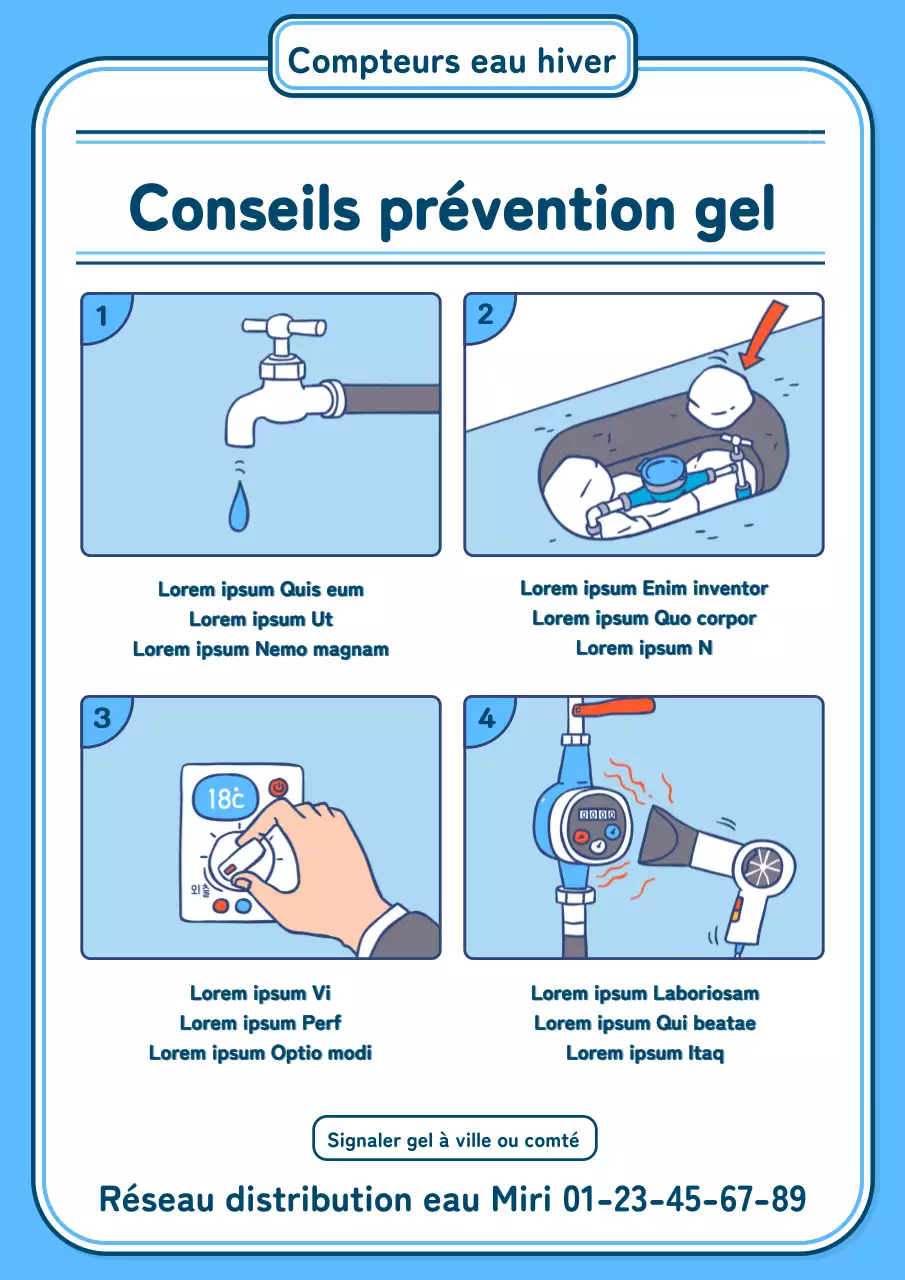 Illustration des instructions de prévention du gel de l'eau en bleu clair