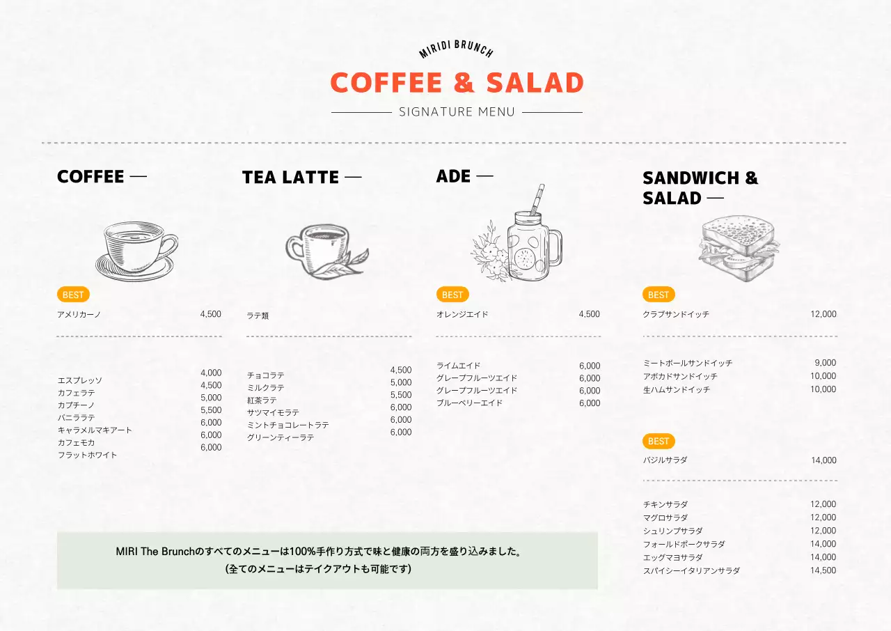 イラストが入ったオレンジ色のコンセプトの縦型カフェブランチメニューボード。