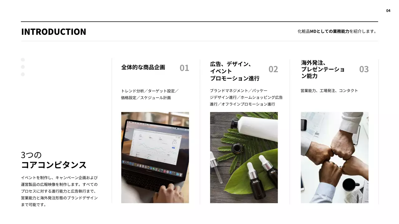 白 シンプル 化粧品 ポートフォリオ プレゼンテーション