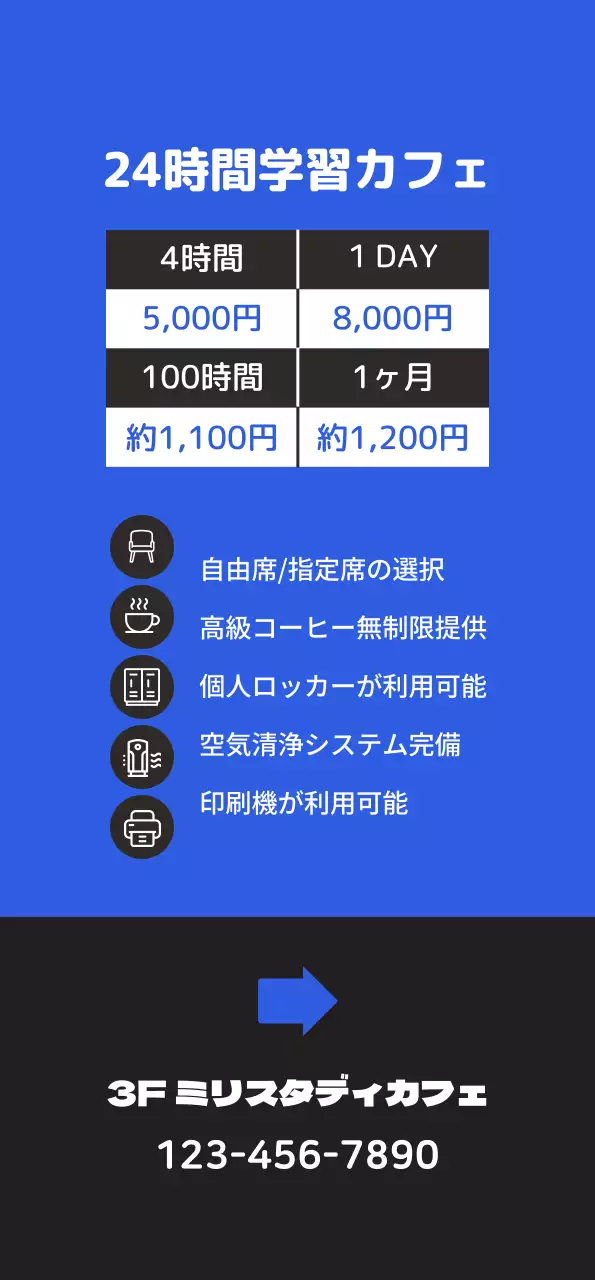 青色の背景に勉強しているイラストがある、すっきりとした勉強カフェの宣伝。
