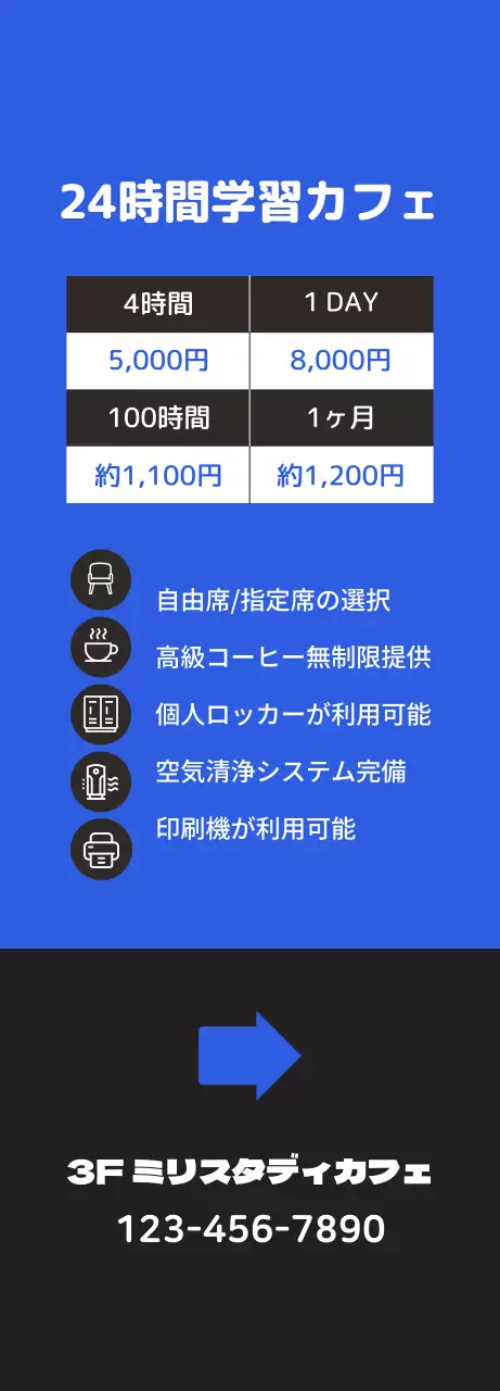 青色の背景に勉強しているイラストがある、すっきりとした勉強カフェの宣伝。