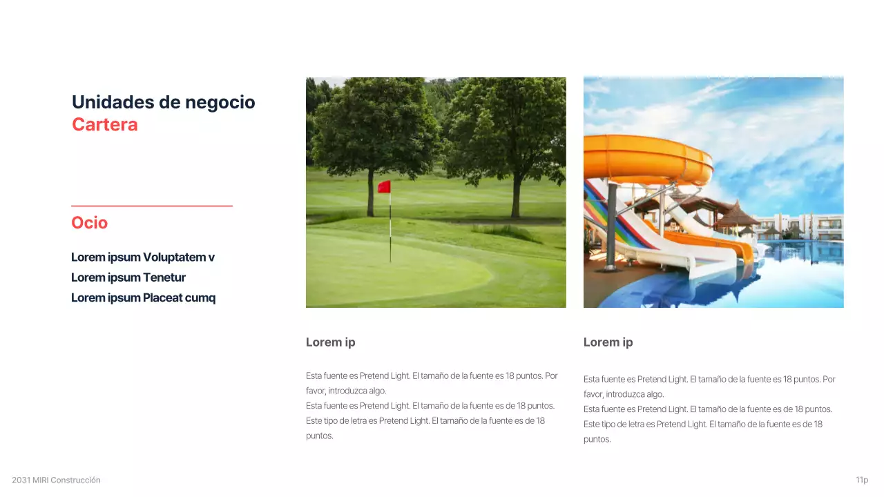 Un briefing corporativo de una empresa de construcción para una inversión con un esquema de colores limpio, azul marino y rojo de acento