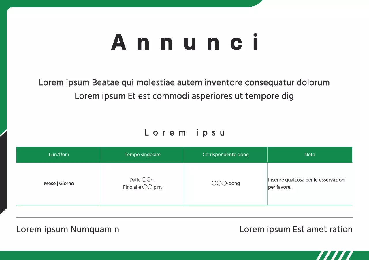 Un semplice foglio informativo nero e verde sulla struttura