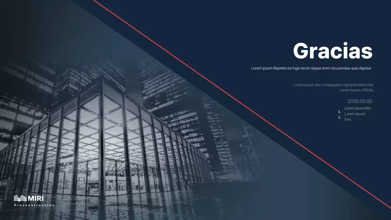 Un briefing corporativo de una empresa de construcción para una inversión con un esquema de colores limpio, azul marino y rojo de acento