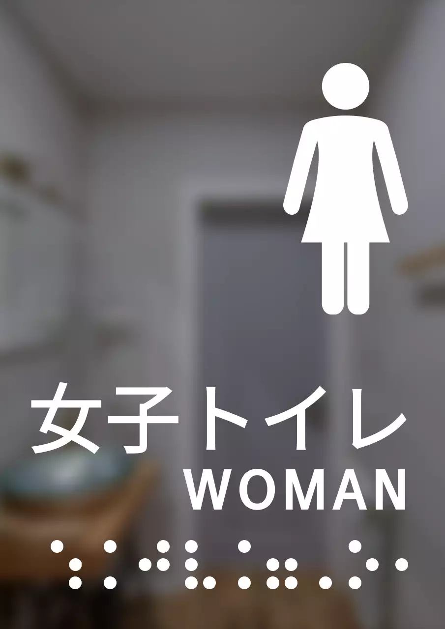 すっきりとしたスタイルの点字が入った女子トイレの案内看板。