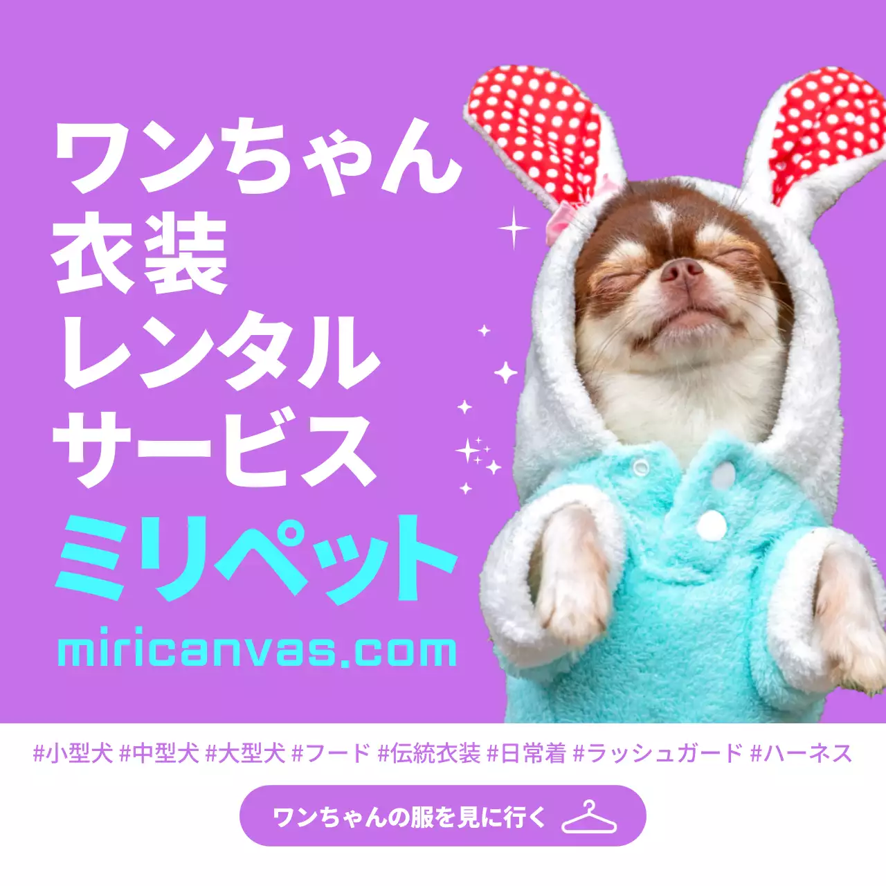 紫色の背景のウサギの衣装を着た子犬の写真で子犬の衣装レンタルサービスを宣伝。