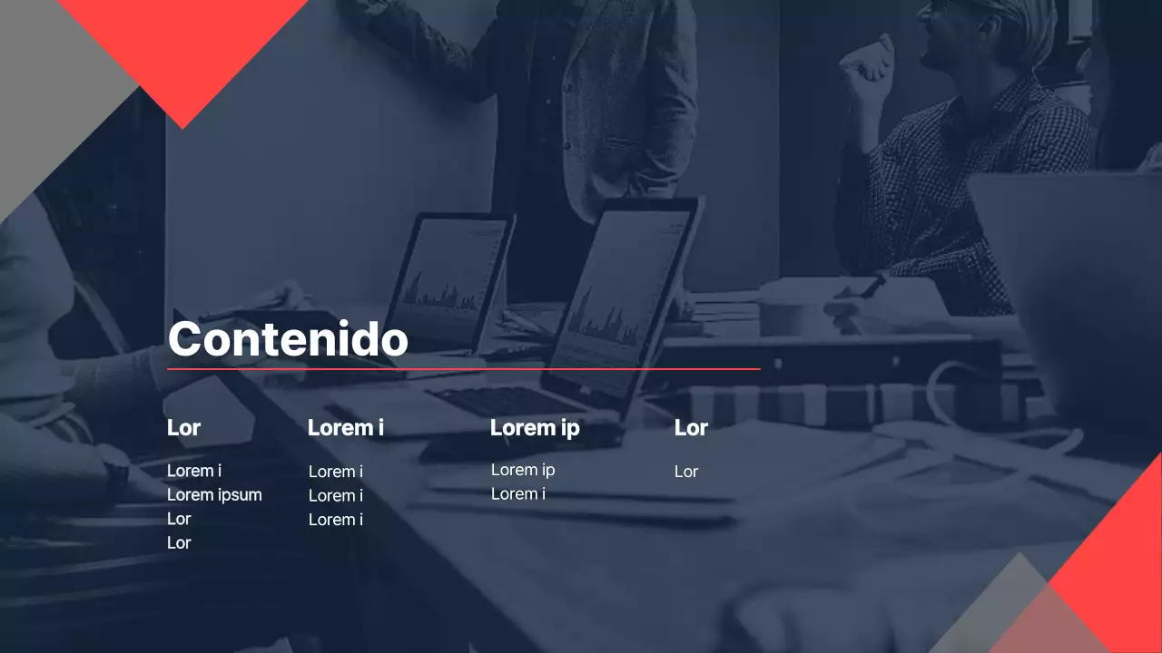 Un briefing corporativo de una empresa de construcción para una inversión con un esquema de colores limpio, azul marino y rojo de acento