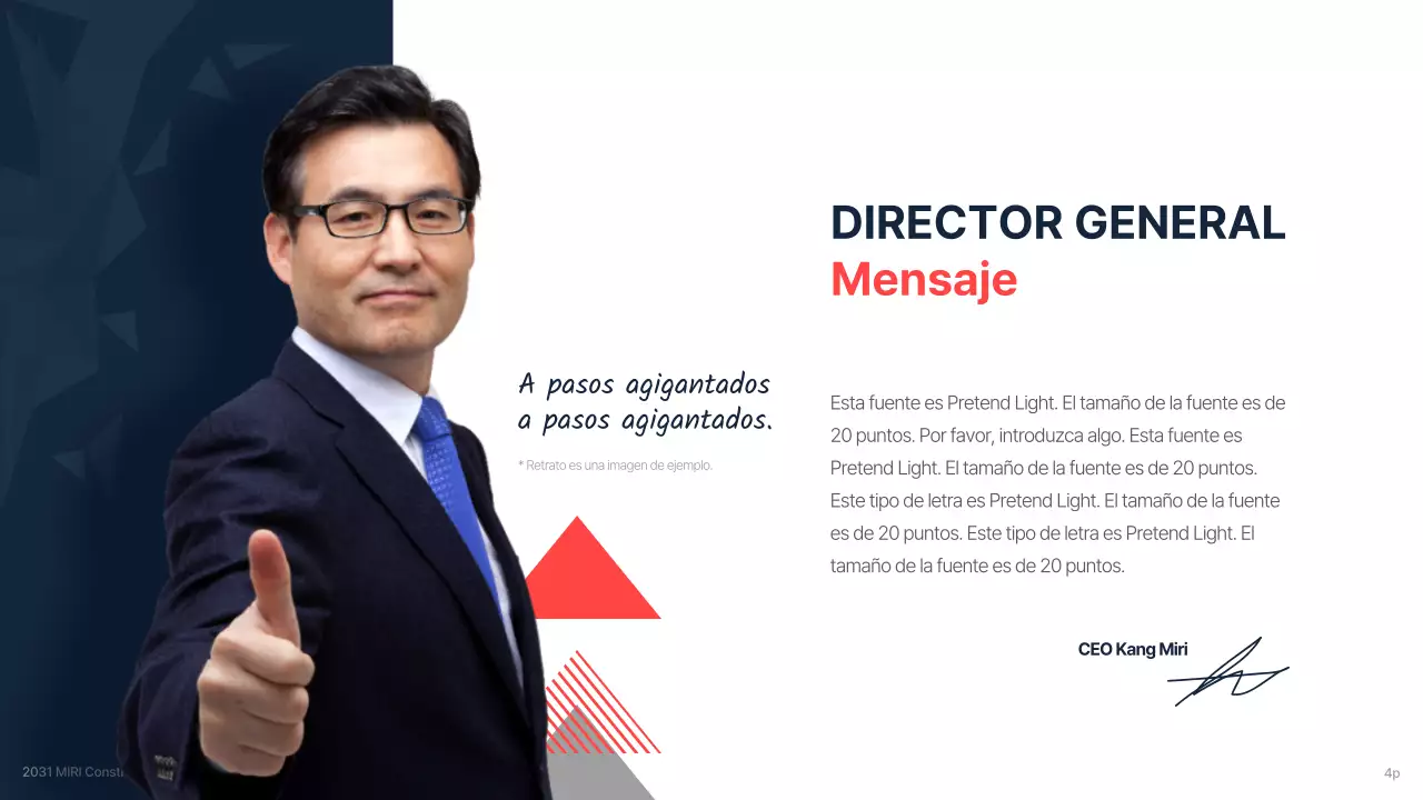 Un briefing corporativo de una empresa de construcción para una inversión con un esquema de colores limpio, azul marino y rojo de acento