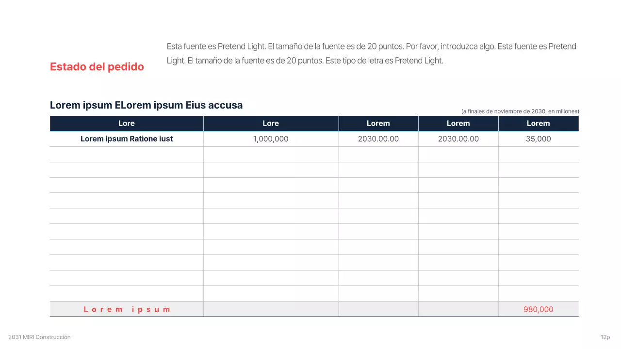 Un briefing corporativo de una empresa de construcción para una inversión con un esquema de colores limpio, azul marino y rojo de acento