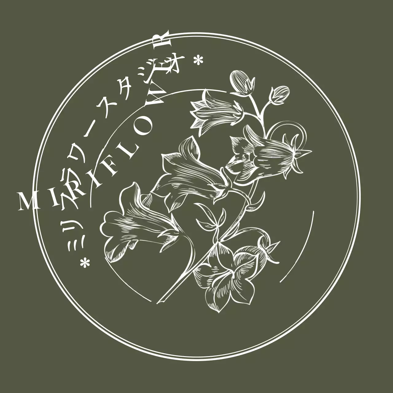 黒の感性的な花のイラストアンブレムロゴスタイルフラワースタジオスタッフ用・体験用