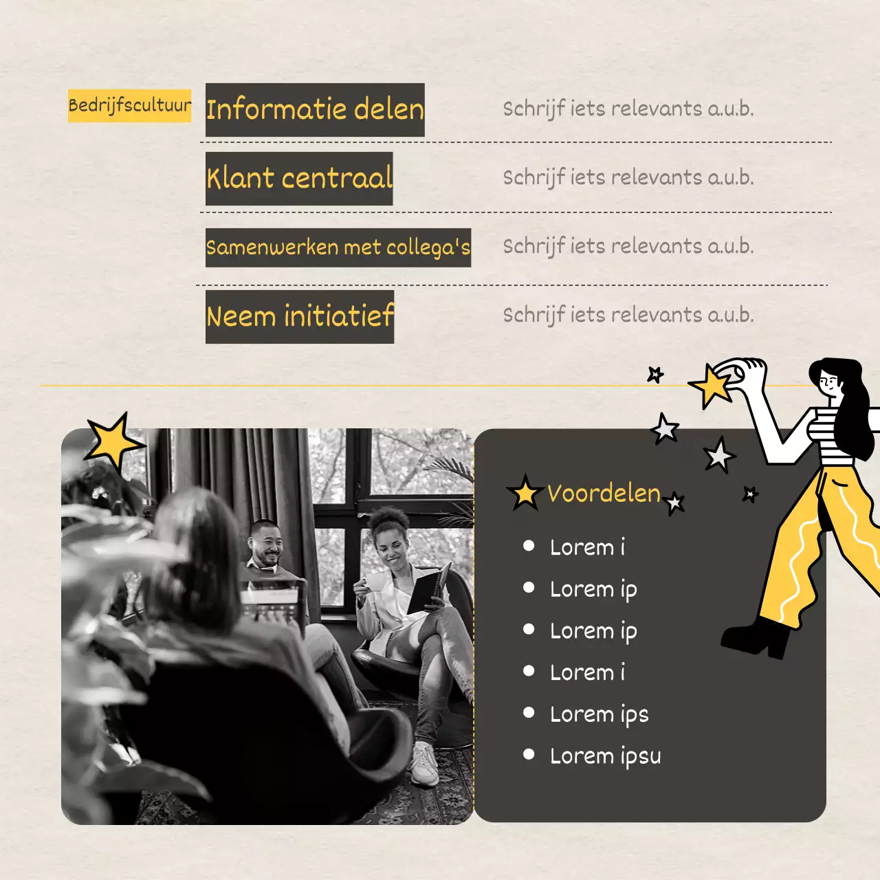 Stagejob met papieren textuurachtergrond en gele en zwarte illustratie