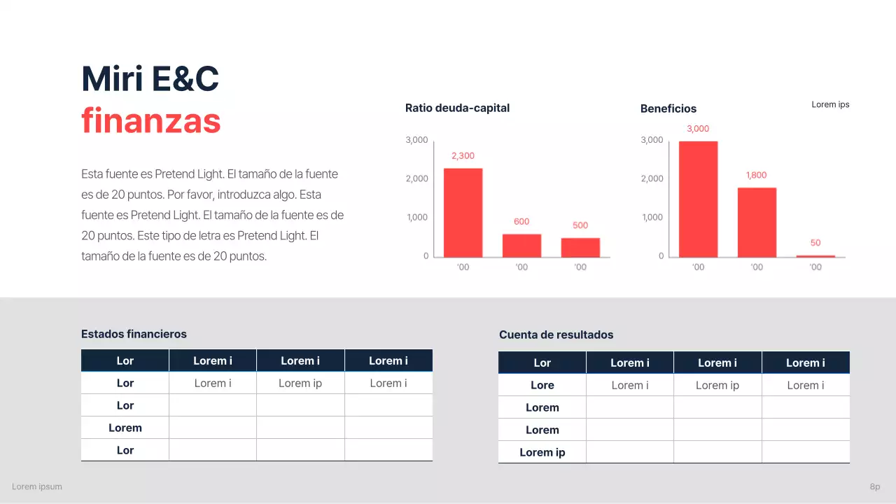 Un briefing corporativo de una empresa de construcción para una inversión con un esquema de colores limpio, azul marino y rojo de acento