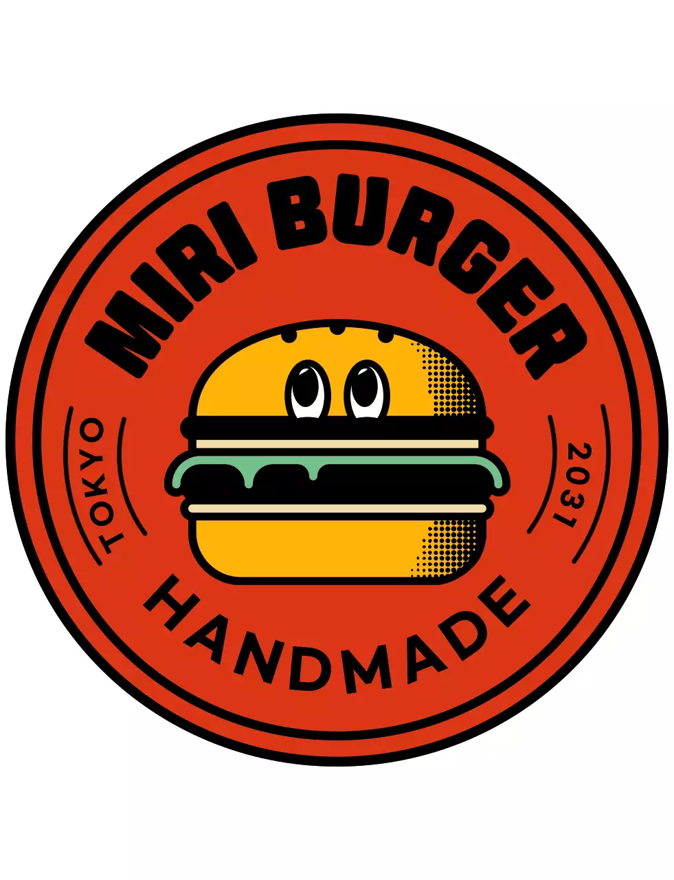 赤とオレンジのかわいいキャラクター型ロゴのハンバーガー。