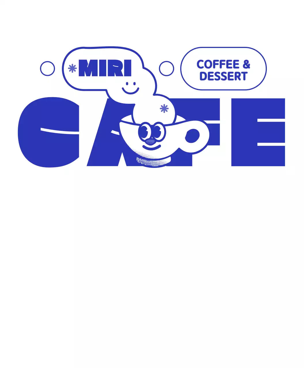 紺色と白色の丸くてかわいいカップのキャラクター喫茶店のロゴスタイル