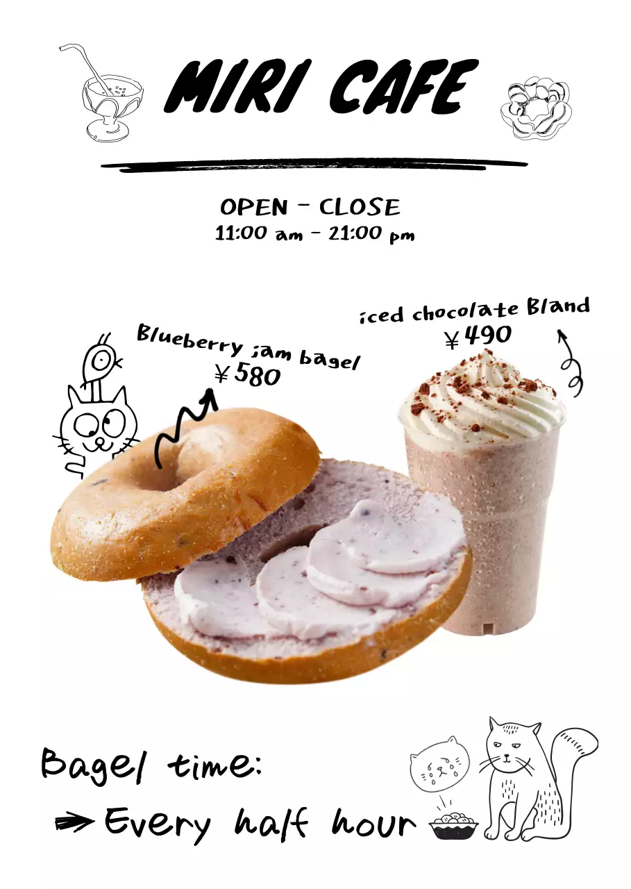 ベーグルとアイスチョコの白い背景のドローイング文字カフェポスター