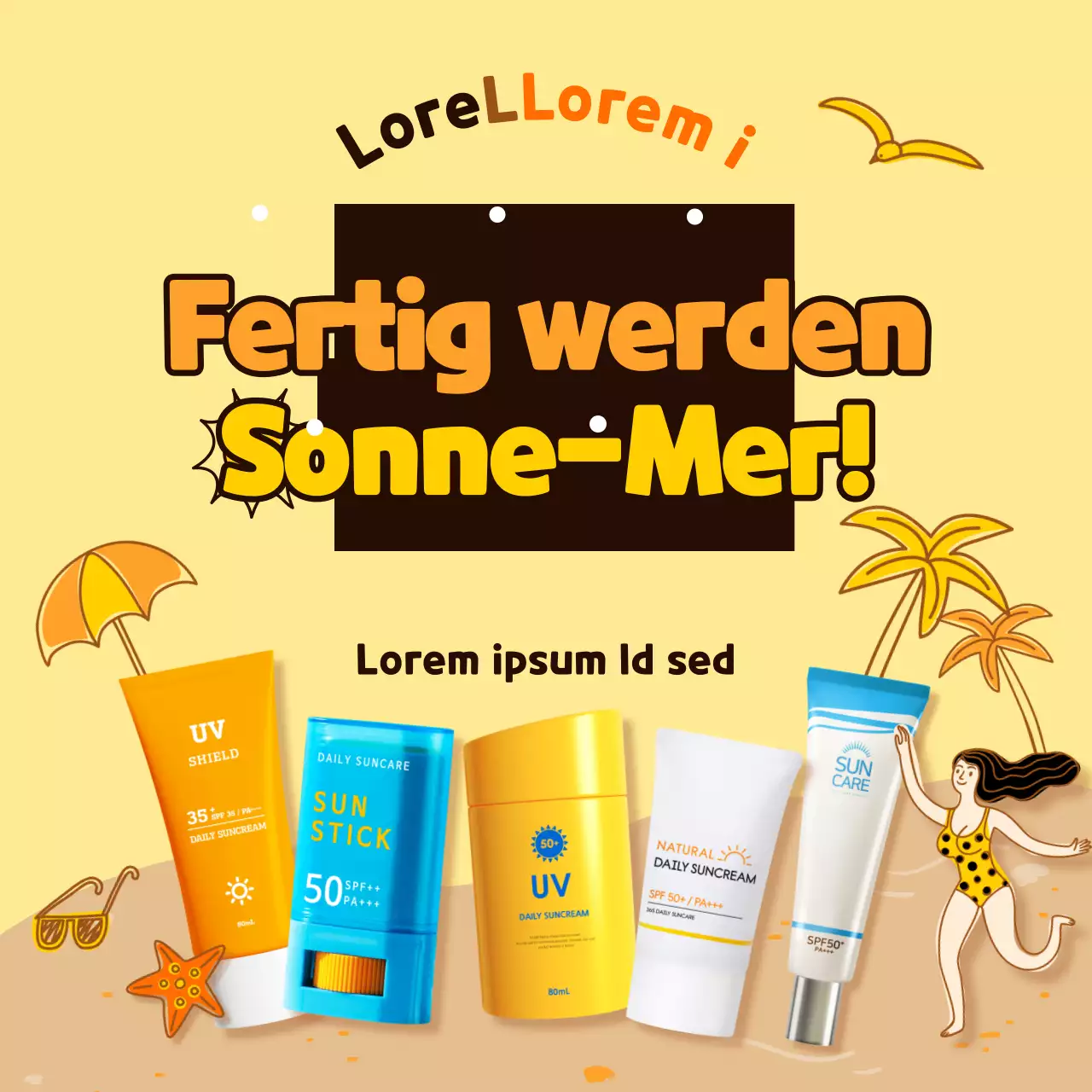 Gelbes illustriertes Konzept Sonnenschutz Sommerangebote Social Media