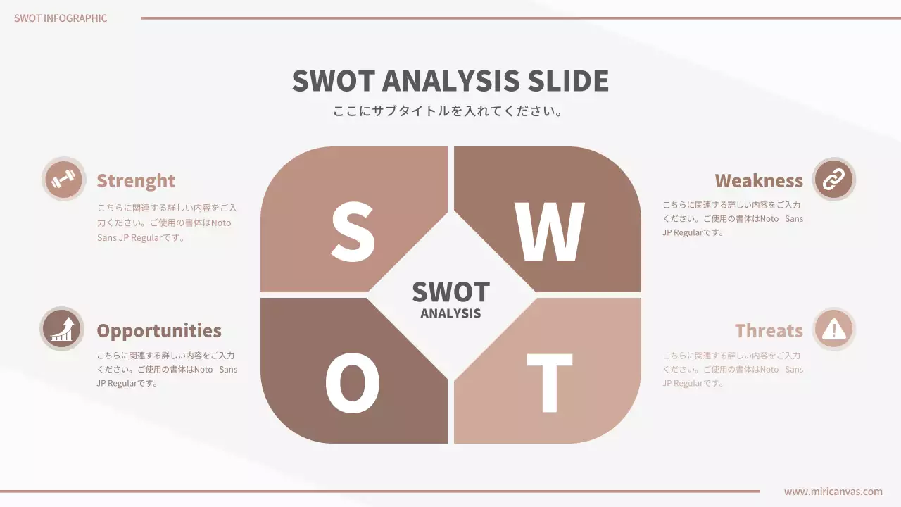 ブラウン系列のシンプルなSWOT分析インフォグラフィック