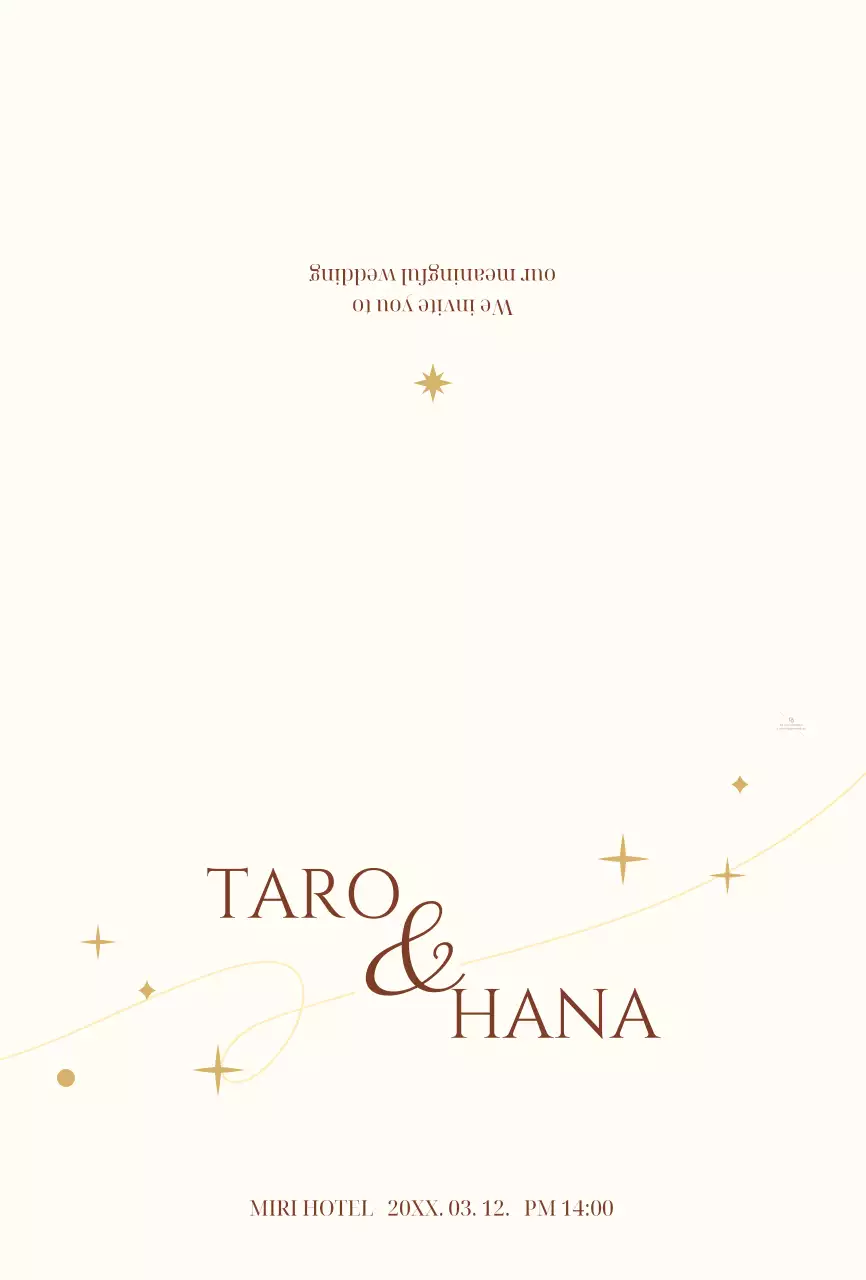 淡い黄色の星とラインのイラストが描かれた感性的なコンセプトの結婚式の招待状。