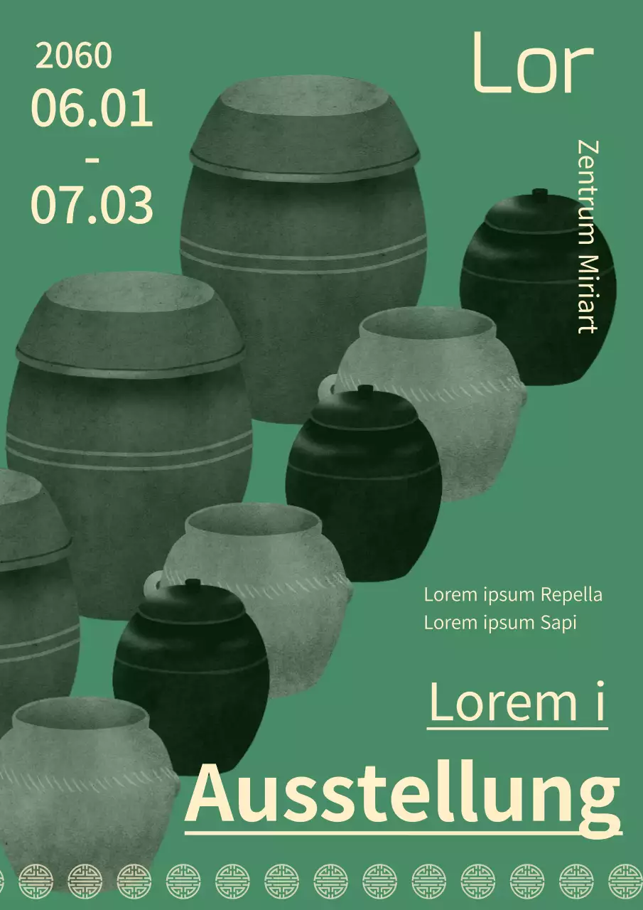 Führer zu einer Ausstellung traditioneller Keramik in Grün und Beige