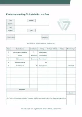 Formatierung der Dokumentation des Kostenvoranschlags für die grüne und graue Geschäftseinrichtung