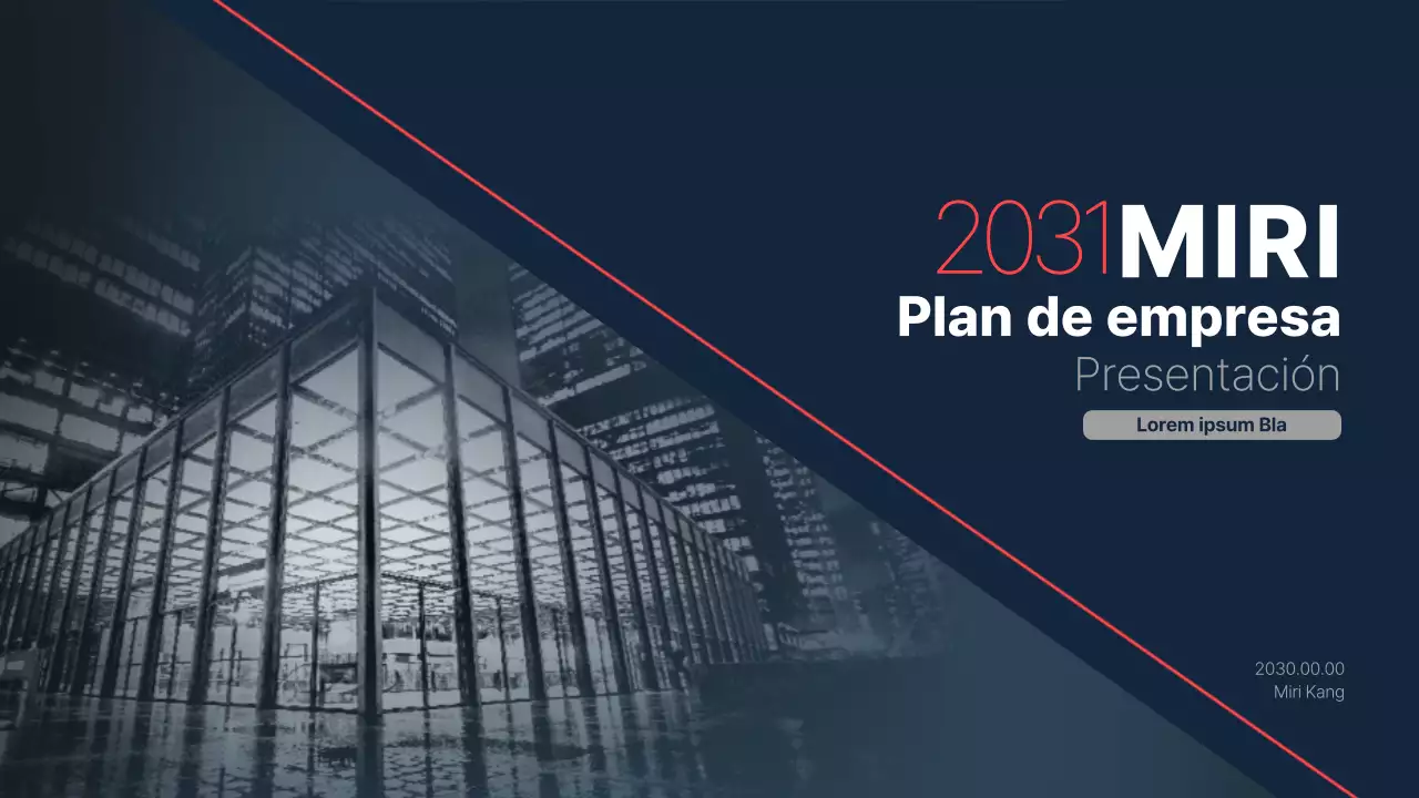 Un briefing corporativo de una empresa de construcción para una inversión con un esquema de colores limpio, azul marino y rojo de acento
