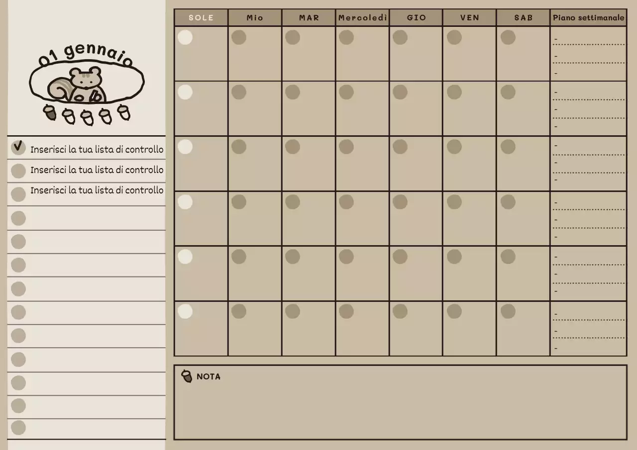 Graziosa agenda mensile illustrata in beige e marrone