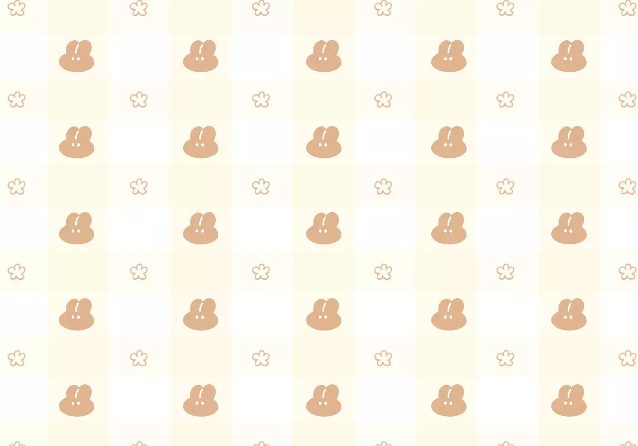 黄色と茶色のかわいいウサギと花柄チェック柄のパーソナルグッズ。