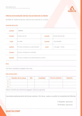 Formateo sencillo del documento de informe de tramitación del servicio de atención al cliente en naranja