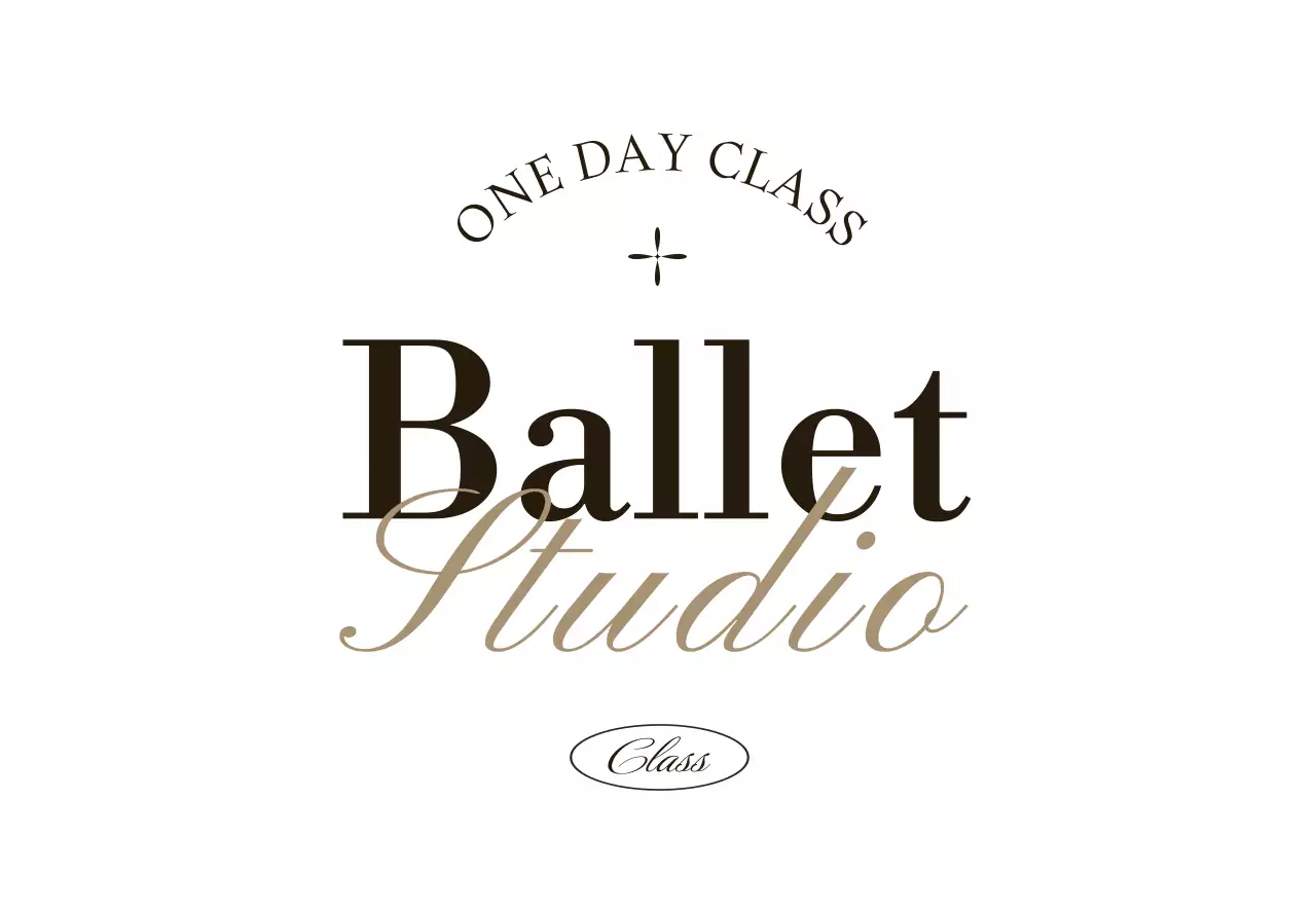 黒と茶色のテキストとイラストで構成されたクラシックな印象のバレエ学院の看板。