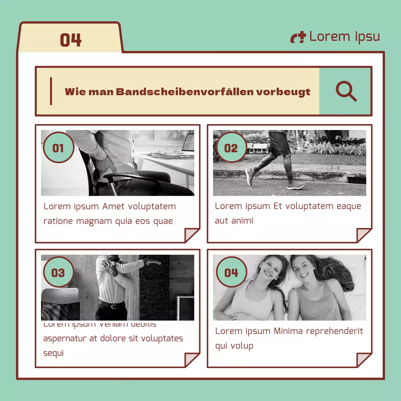 Informationen zur Lendenbandscheibe mit mintfarbenen und beigen Suchleistenelementen